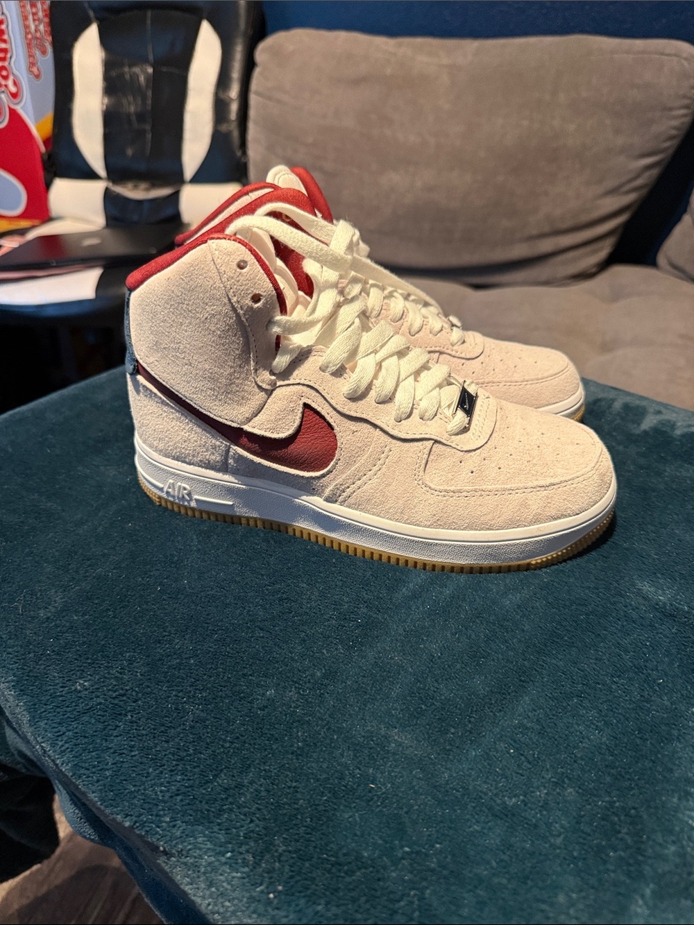 Nike Women’s Mid-Top Suede Sneakers in Cream and Red and Navy